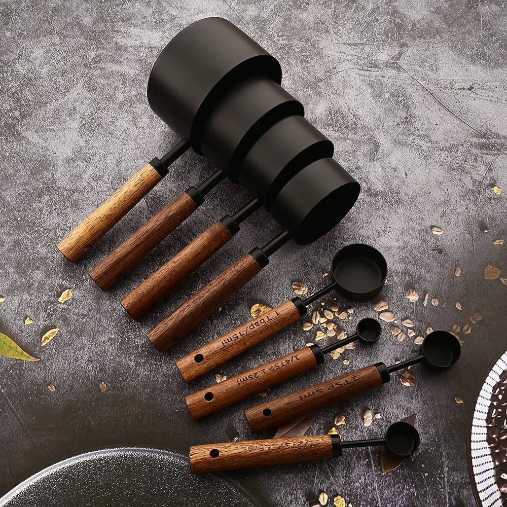 Wooden Handle Stainless Steel Measuring Cup Spoons