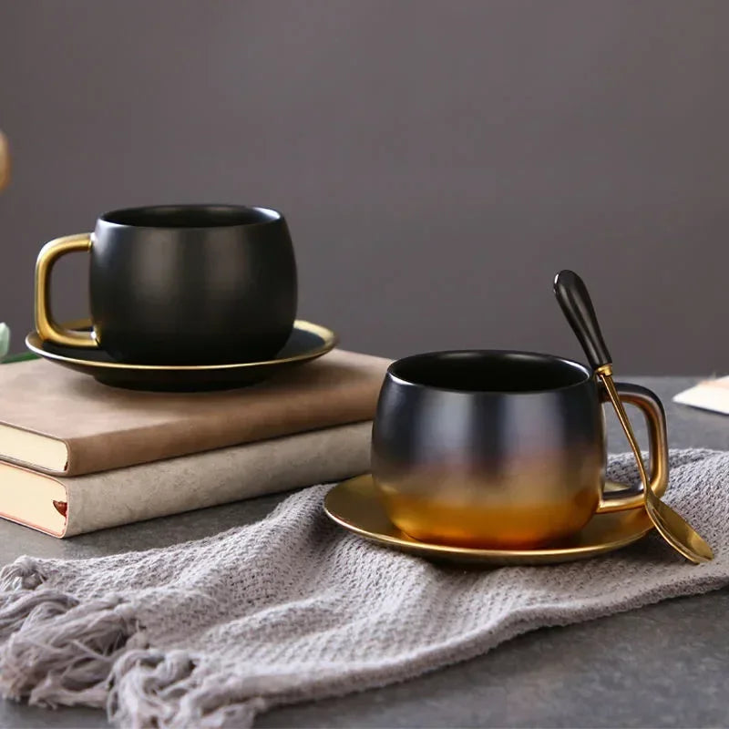 Luxury Black Gold Marble Ceramic Coffee Cup Set