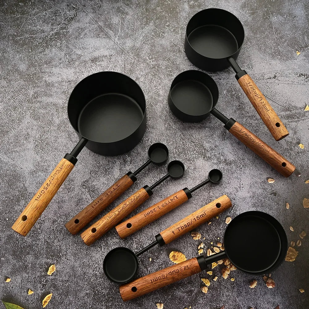 Wooden Handle Stainless Steel Measuring Cup Spoons